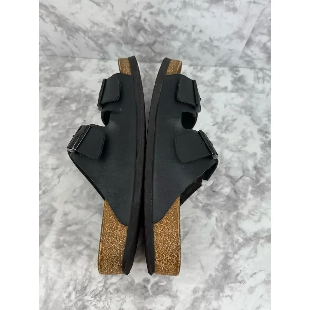 BIRKENSTOCK Arizona Men's Sz 10 Black Leather Two-Strap Sandals Cork Footbed